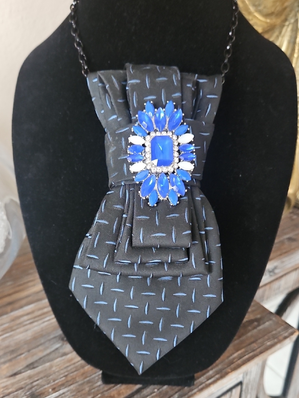Statement Blue Crystal Brooch Upcycled Black and Blue Necktie Necklace